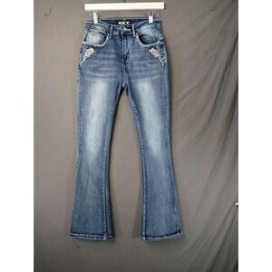 SKY Mid Rise Flare Jeans Wing Skull Rhinestone Blue  Size 7